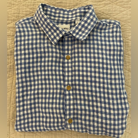 Baird McNutt Linen MURANO Short Sleeve Sport Shirt in Blue Gingham Check Size L - Picture 1 of 6